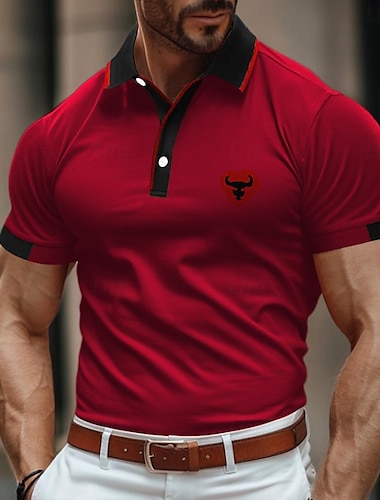  Voor heren POLO Shirt Golfshirt Casual Sport Geribbelde polokraag Korte mouw Modieus Basic Kleurenblok Koe Lapwerk Geborduurd Zomer Normale pasvorm Geel Rood blauw Groen POLO Shirt