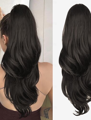  Extensión de cola de caballo con cordón, extensión de cola de caballo para mujer, 26 pulgadas de largo, color marrón oscuro, ondulado, en capas, extensiones de cabello con cola de caballo, clip