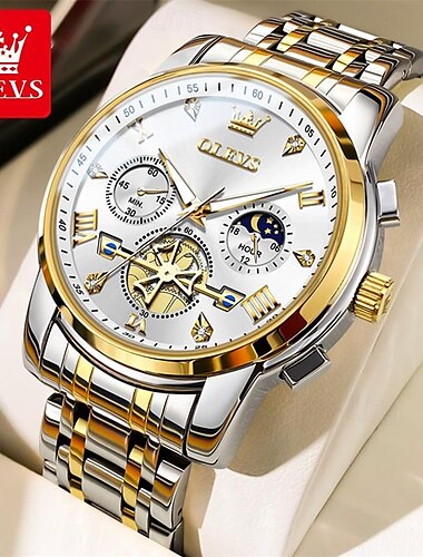  新しい olevs ブランドメンズ腕時計夜光クロノグラフ 24 時間表示クォーツ時計ビジネススチールベルトメンズ防水腕時計