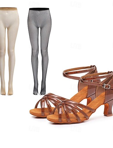  Damen Latein Schuhe Tanzschuhe mit 2 Netzstrümpfen Strumpfhosen Indoor Training Chacha Basic Party Abend Professionell High Heel Runde Zehen Schnalle Erwachsene