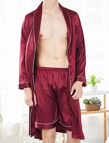  Men's Pajamas Silk Robe Sleepwear Pajama Set 1 set Plain Fashion Stylish Classic Home Daily Bed Polyester Comfort Soft Lapel Long Sleeve Shorts Summer Wine Navy Blue