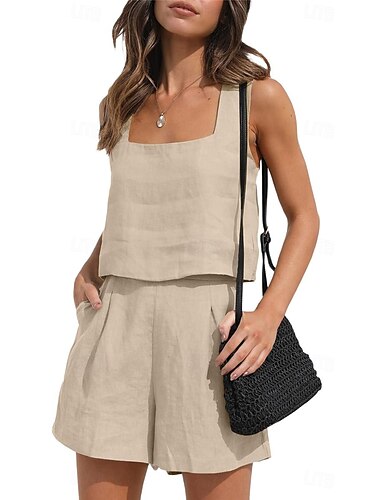  Damen Hausanzug Sets Einfarbig Modisch Basic Strasse Täglich Baumwolle und Leinen Atmungsaktiv Quadratischer Ausschnitt Ärmellos Trägertop Kurze Hosen Tasche Sommer Frühling Schwarz Rosa