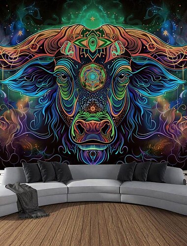  blacklight gobelín uv reaktivní záře ve tmě záře party neon býk zvíře psychedelický trippy mlhavý závěsný gobelín nástěnná malba pro obývací pokoj ložnice