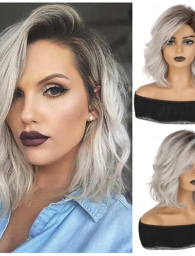  krøllete bølgete kort bob parykk med smell for jenter kvinner daglig bruk skulderlengde sidedel syntetisk hår erstatning parykker naturlig utseende 12 tommer