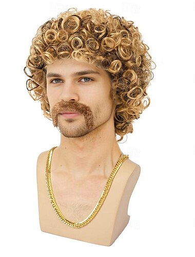  Disco-Perücke 70er Kostüme Perücke Afro Männer kurze lockige natürliche flauschige synthetische Haarperücke für Karnevals-Disco-Party (nur Perücken) Halloween-Perücken