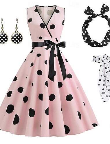  dames a-lijn rockabilly jurk stippen swing jurk flare jurk met accessoires set jaren 50 60 retro vintage met hoofdband chiffon sjaal oorbellen cat eye bril zonnebril 6st