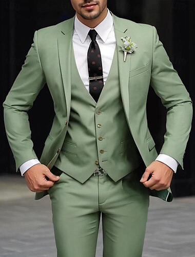  Dark Green Khaki Army Green Men's Wedding Suits Solid Colored 3 Piece Party Dress Tailored Fit Single Breasted Two-buttons 2024