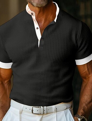  Homens Camisa Waffle Henley T-shirt Côr Sólida Henley Ao ar livre Casual Manga Curta Botão Roupa Moda Designer Confortável