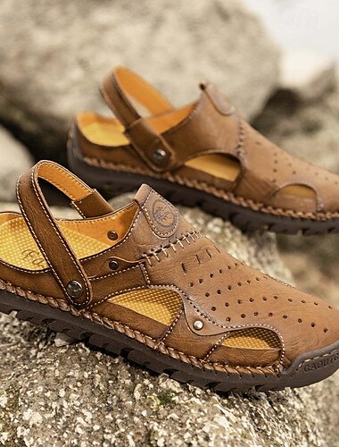  Herren Sandalen Handgefertigte Schuhe Sandalen mit geschlossener Spitze Wanderschuhe Brautkleider schlicht Täglich Strand Leder Komfortabel Slipper Schwarz Gelb Khaki Frühling Herbst
