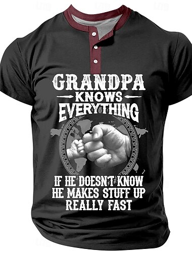  vaderdag papa shirts opa weet alles vuist heren casual 3D-print t-shirt tee henley shirt vakantie uitgaan korte mouw print klassieke henley kleding
