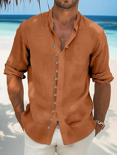  Herren Hemd leinenhemd Sommerhemd Strandbekleidung Lässiges Hemd Knopfhemd Glatt Urlaub Curise Schwarz Weiß Hellgrün Rosa Langarm Ständer Frühling Sommer Bekleidung