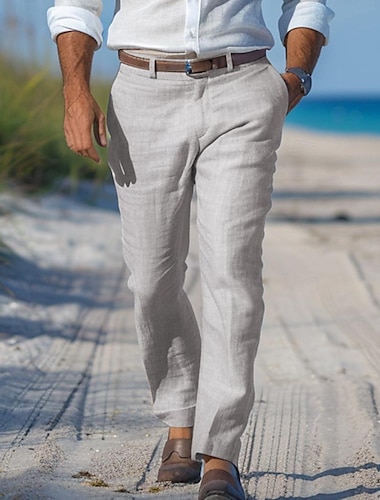  男性用 リネンパンツ ズボン サマーパンツ ビーチパンツ まっすぐな足 平織り 履き心地よい アウトドア カジュアル 日常 ストリートファッション スタイリッシュ ホワイト ネイビーブルー