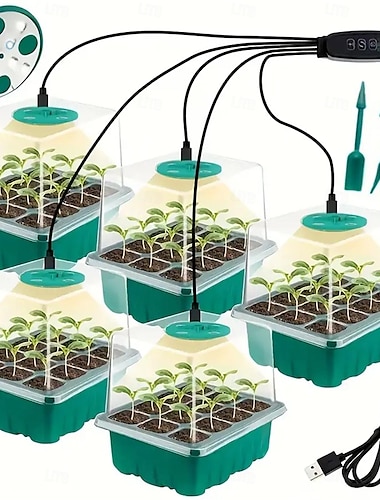  Luces LED brillantes para plantas, bandejas de inicio de semillas con 12 agujeros por bandeja, lámpara para macetas de vivero, luces LED de espectro completo alimentadas por USB para plantas de