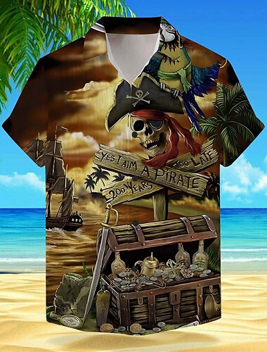  Herren Blumen Dinosaurier Papagei Hemd Hawaiihemd Sommerhemd Aloha-Shirt Kurzarm Hemd Umlegekragen Urlaub Hawaiianisch Outdoor Urlaub Hawaiianisch Braun Grün Kaki S M L