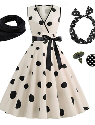  Vestido rockabilly de línea A para mujer, vestido de lunares, vestido acampanado con accesorios, conjunto retro vintage de los años 50 y 60 con diadema, bufanda, pendientes, gafas de ojo de gato, 5