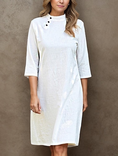  55% Linen Women's Cotton Linen Dress White Midi Dress Summer Spring Linen Casual Vintage Holiday Crew Neck Button Basic  High-end Series Regular Fit
