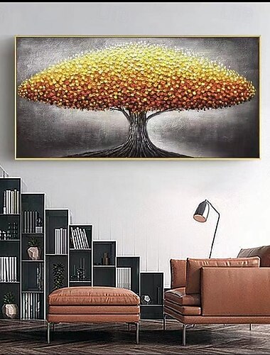  gran árbol de oro paisaje pintura al óleo sobre lienzo original 3d texturizado naturaleza bosque pared arte sala de estar pared arte decoración arte gris sin marco