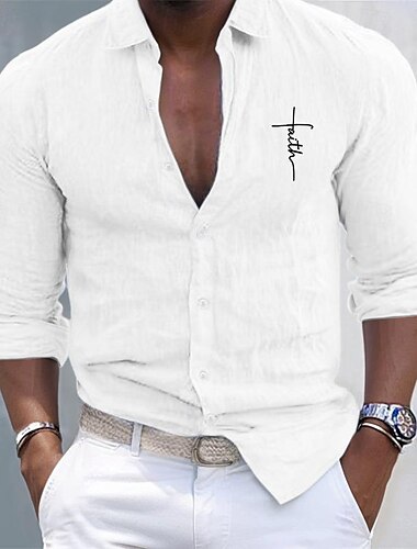  Herren Hemd Weißes Baumwollhemd Freizeithemd Baumwoll-Leinen-Hemd Baumwollhemd Kreuz Urlaub Hawaiianisch Schwarz Weiß Rosa Grau Langarm Revers Frühling & Herbst Bekleidung Button-Down