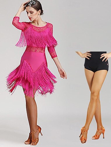  Latein-Tanzkleid mit Quaste und Netzstrümpfen für Damen, 3/4-Ärmel, natürliches Elasthan