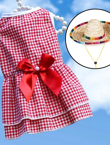  Welpenkleid mit Sonnenhut, karierter Aufdruck, Schleifendekor, Kleidung, zweibeiniges Hundekostüm, Rock für den Sommer, Haustier-Kleidungszubehör