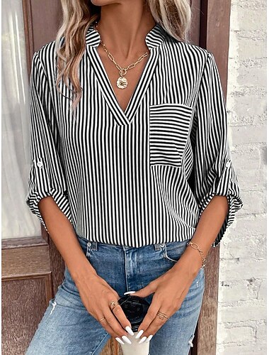  Damen Hemd Bluse Casual Gestreift Taschendruck Langarm Normal Oberteile V-Ausschnitt Alltag Schwarz Gelb Rot Königsblau Frühling&amp; Sommer