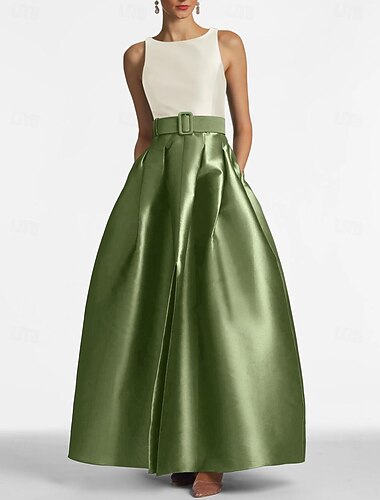  Robe de soirée trapèze fendue haute, robe de plage, mariage formel, invité de mariage, longueur au sol, sans manches, col bijou, ceinture / ceinture, satin avec plis fendus, 2025