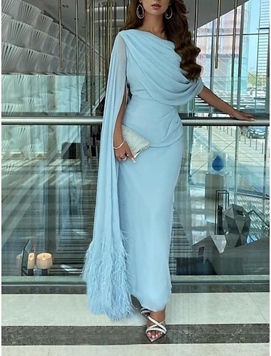  Sheath / Column Evening Gown Elegant Dress Formal Fall Sweep / Brush Train Sleeveless Cowl Neck Chiffon with Feather Ruched Slit 2024