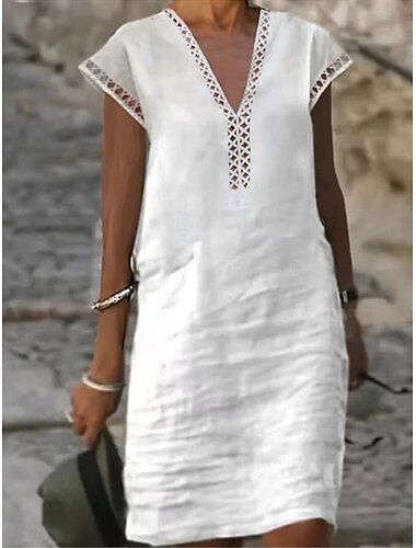  Femmes Blanche Jaune Vert Été Printemps Robe Midi Robes inspirées du lin Robe Blanche Robe en coton blanc Occasionnel Vacances Coupe Ample Uni Col en V