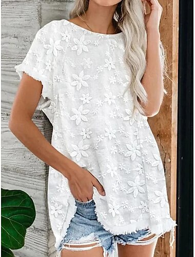  Camicia Blusa Top eleganti Per donna Bianco Liscio Pizzo Strada Giornaliero Di tendenza Moderno Rotonda Standard S