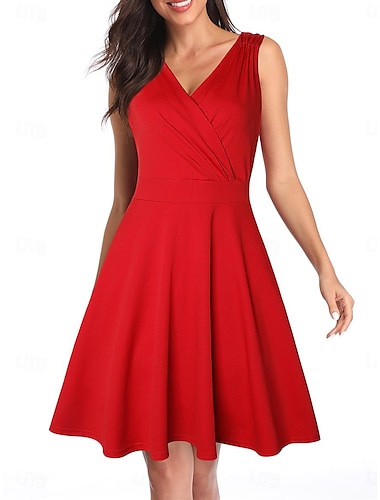 Női Pliszé Vintage ruha Midi ruha Elegáns Sima V-alakú Ujjatlan Napi Randi Bor Világos piros