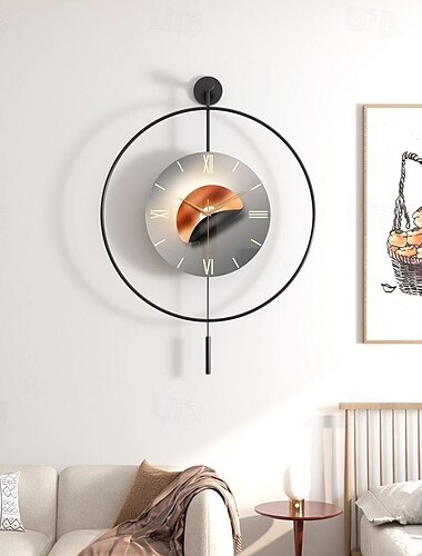  Reloj de lujo con luz nórdica, decoración de pared, 50 / 60 cm, moderno reloj de pared de salón para el hogar, negro y dorado