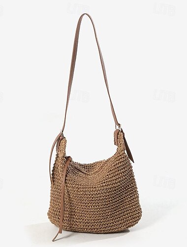  Handgewebte Umhängetaschen aus Stroh für Damen – Boho-Umhängetasche für den Sommer und den Strand mit verstellbarem Lederriemen