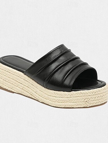  Damen Hausschuhe Slippers Boho Sandalen mit Keilabsatz Espadrille Plattform Urlaub Mikrobielles Leder Schwarz Weiß