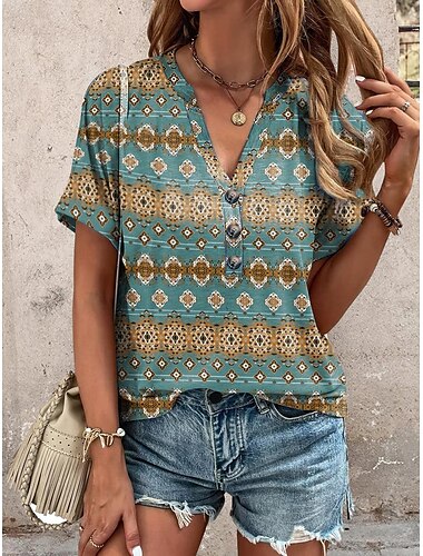  Dames T-shirt Bohemian Blouse Geometrische Bloemenprint V-hals Korte Mouwen Lichtgewicht Stof Lente Zomer Casual Comfort Voorzijde Knopdetail Veelzijdige Maatvoering Groen