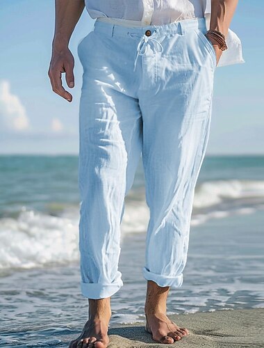  Bărbați Pantaloni de in Pantaloni Pantaloni de vară Pantaloni de plajă Buzunar frontal Picior drept Simplu Confort Respirabil Casual Zilnic Concediu Modă De Bază Alb Albastru celest