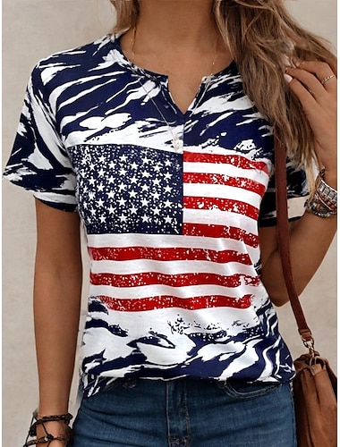  女性用 Tシャツ フラッグ アメリカ 日常 アメリカ独立記念日 スタイリッシュ 半袖 クルーネック ネイビーブルー 夏