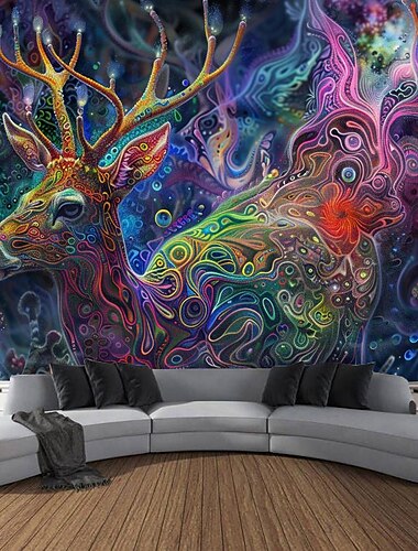  blacklight gobelin uv reaktív világít a sötétben ragyogás buli neon szarvas állatok pszichedelikus trippy ködös függő gobelin fali művészeti falfestmény az élethez