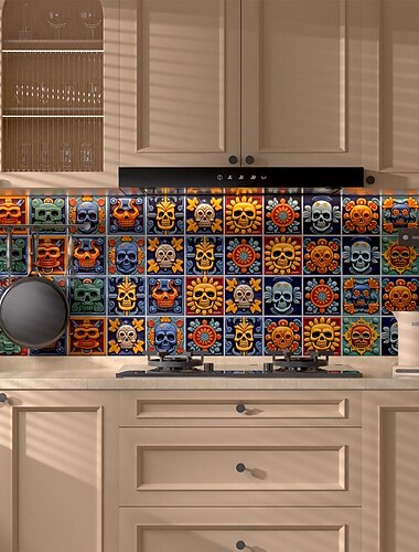  Lot de 24 stickers muraux adhésifs pour carrelage, motif mexicain, en PVC, amovibles et faciles à poser, idéaux pour les locataires, pour chambre, salle de bain ou placard.