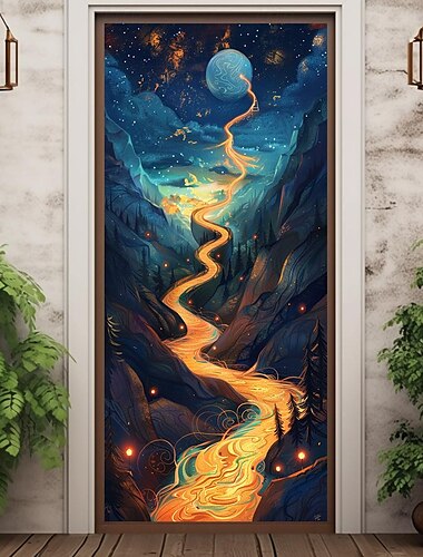  fantasi planet flod dörr täcker väggmålning dekor dörr gobeläng dörr gardin dekoration bakgrund dörr banderoll avtagbar för ytterdörr inomhus utomhus hem rum dekoration bondgård dekoration tillbehör