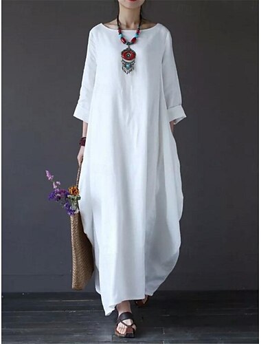  Női Fehér ruha Vászon ruha Pamut nyári ruha Maxiruha Zseb Alkalmi Napi Terített nyak Háromnegyedes Nyár Tavasz Fekete Fehér Sima