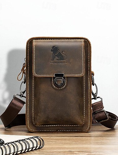  Voor heren Crossbody zak Gordeltas Koeienhuid Buiten Rits Duurzaam Effen Kleur Bruin