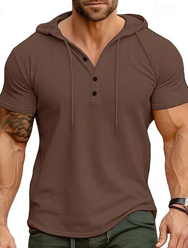  Homens Camiseta Moletom T-shirt Manga Curta Capuz Verão Côr Sólida Moda Designer Básico Com Capuz Rua Para Noite Casual / Diário Castanho Escuro Branco Preto Top Tee para Homens