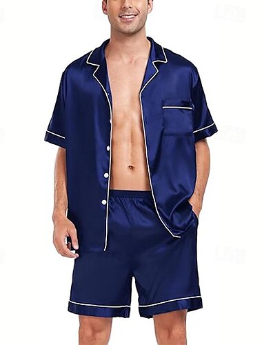 Herren Schlafanzüge Schlafanzug Set Pyjama-Oberteil und Shorts 1 Set Glatt Modisch Stilvoll Klassisch Heim Täglich Bett Polyester Komfort Atmungsaktiv Weich Kargen Kurzarm Hemd Kurze Hosen Taste