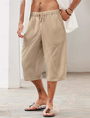  Homme Short en lin Short d'été Short de plage Poche Cordon Taille elastique Plein Confort Respirable Mollet Vacances Plage Hawaïen Bohème Kaki foncé Noir