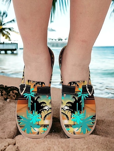 Femme Ballerines Chaussons Slip-Ons Imprimer des chaussures Chaussures en Toile du quotidien Vacances Voyage Hawaii Couleur contrastée Cocotier Boucle Talon Plat Bout rond Vacances Décontractées