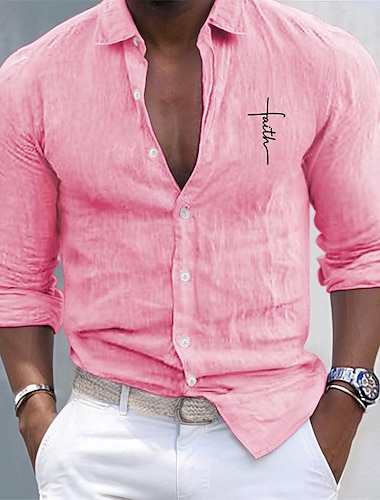  Hombre Camisa Camisa de lino de algodón Camisa de algodón blanca Camisa casual Remera de algodón Negro Blanco Rosa Manga Larga Cruz Diseño Primavera & Otoño Hawaiano Festivos Ropa Abotonar