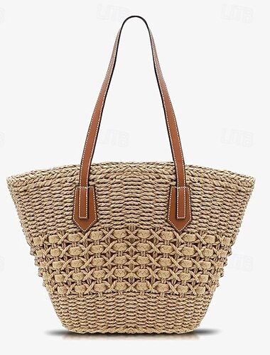  Damen Stoffbeutel Strandtasche Strohsack Stroh Outdoor Festtage Strand Reißverschluss Hohe Kapazität Feste Farbe nicht-gerade weiss Kaki