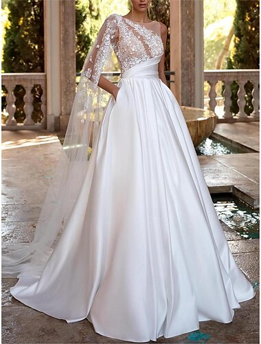  Hal Vintage Open Rug Koninklijke Stijl Bruidsjurken Bal Jurk Off Schouder V Hals Regular Bandjes Kapel Trein Satijn Bruids Gowns Met Plooien Rimpel 2025