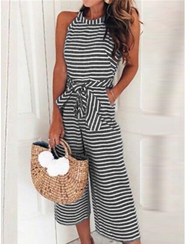  Damen Normal Jumpsuit Strassenmode Gestreift Ärmellos Tasche Täglich Ausgehen Regular Fit Schwarz Rosa Blau Sommer
