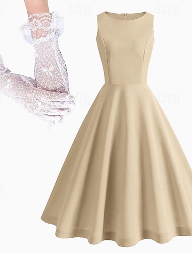  Retro Vintage 1950er Midlänge Kleid Handschuhe Cocktailkleid Einfarbig A-Linie Damen Valentinstag Maskerade Maskerade Date Party / Cocktail Erwachsene Kleid Handschuhe Abschlussballkleider